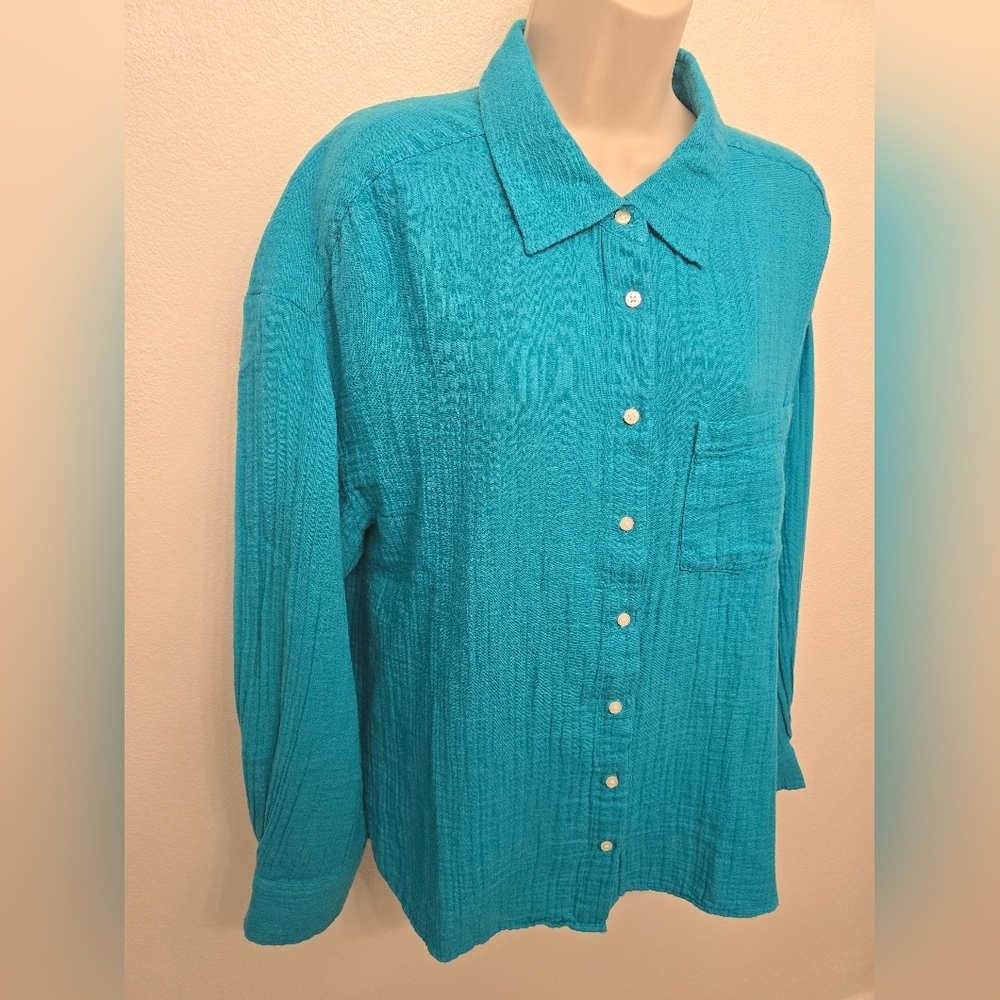 NWT GAP Ladies Turquoise Oversized Button-Down Long Sleeve Gauze Shirt - Picture 2 of 4